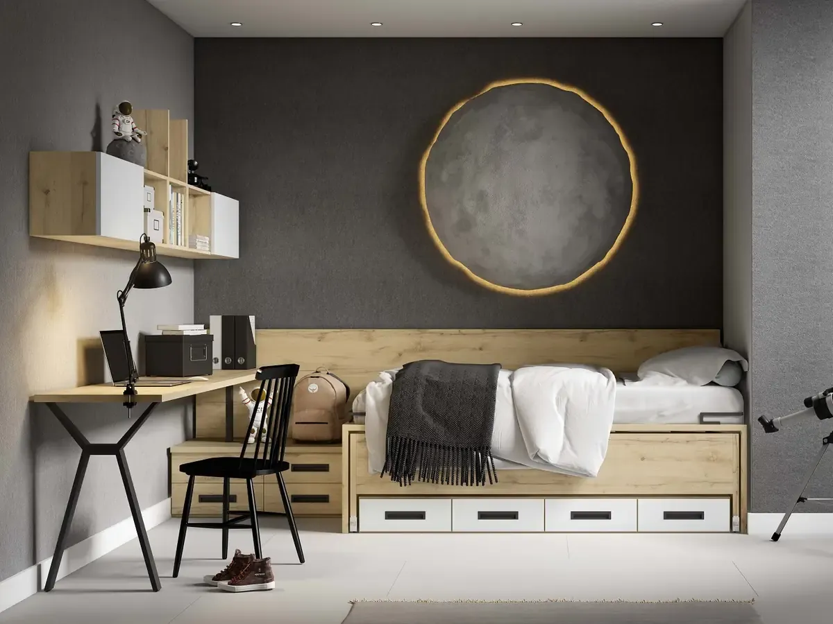 Habitación juvenil con cama nido y escritorio