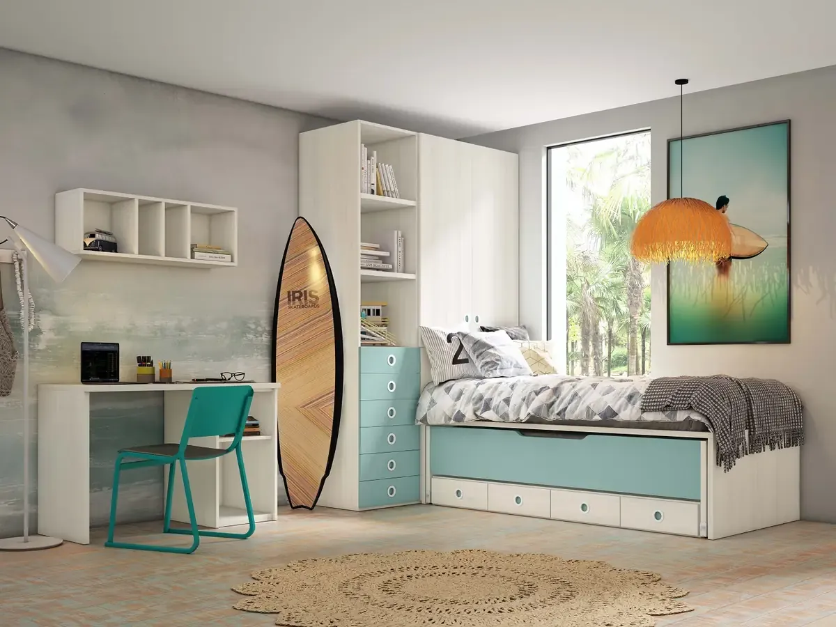 Habitación juvenil con cama, cajones turquesa y escritorio