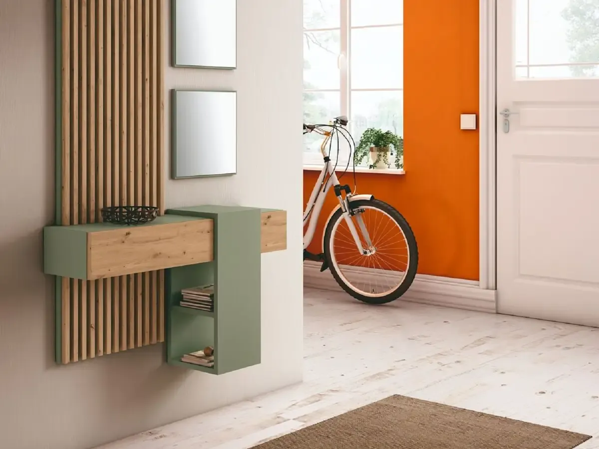 Recibidor con panel de lamas y cajón