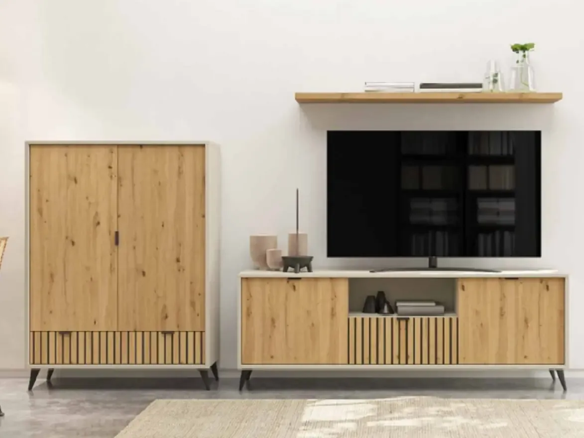 Mueble de salón en roble con vitrina y mueble de TV